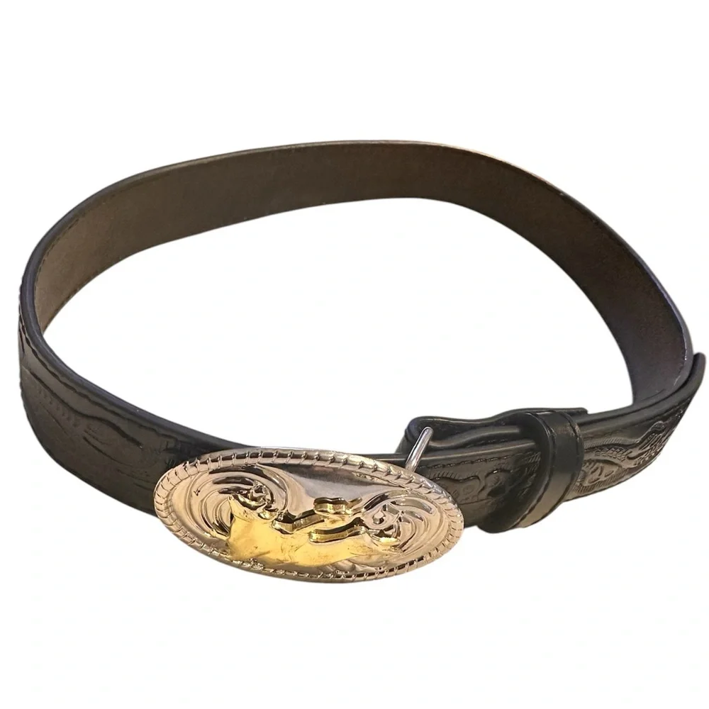 Nocona Black Embossed Belt with Silver/Gold Buckle